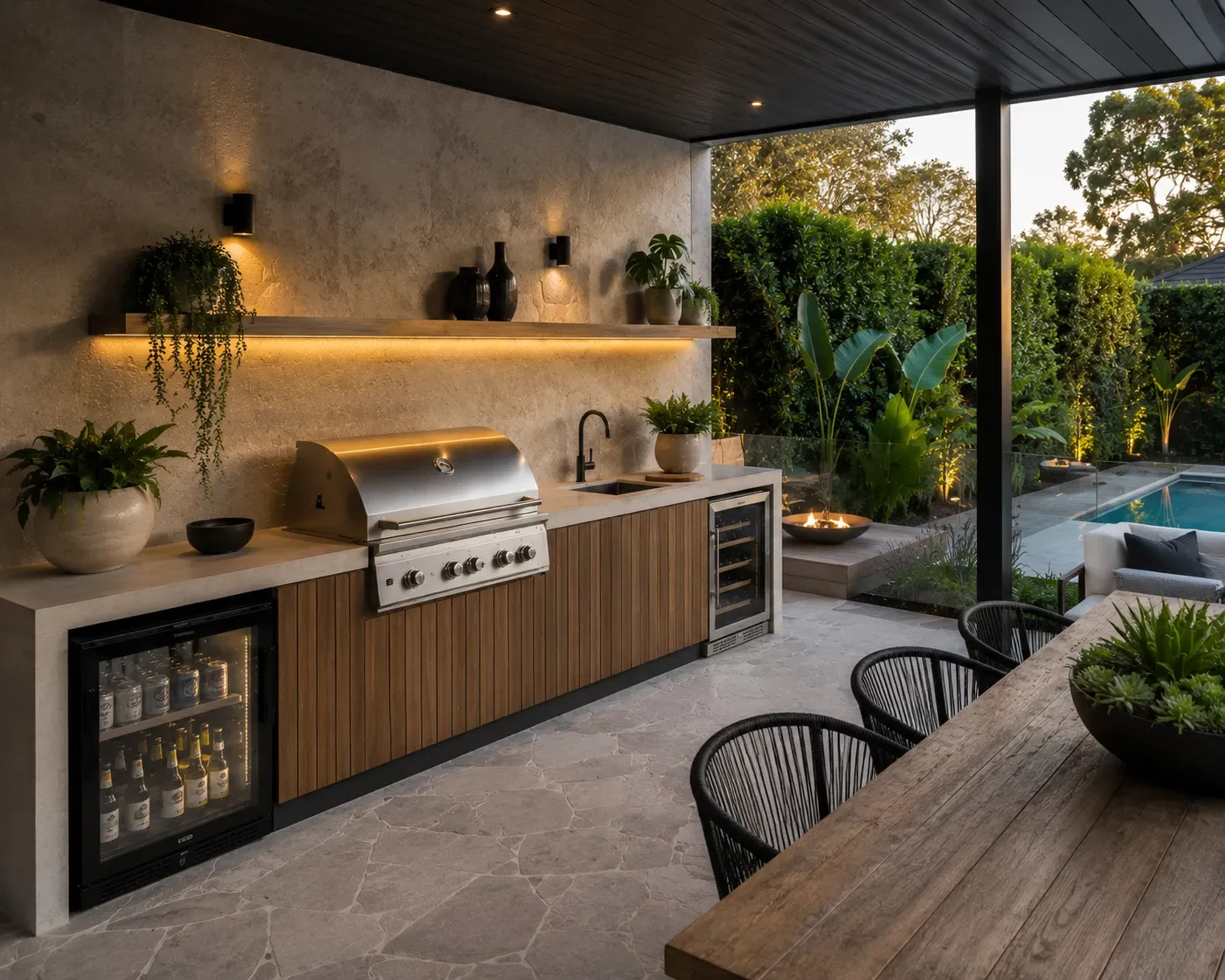 Evening outdoor kitchen with a stone-clad wall, built-in BBQ and timber-slat island bench