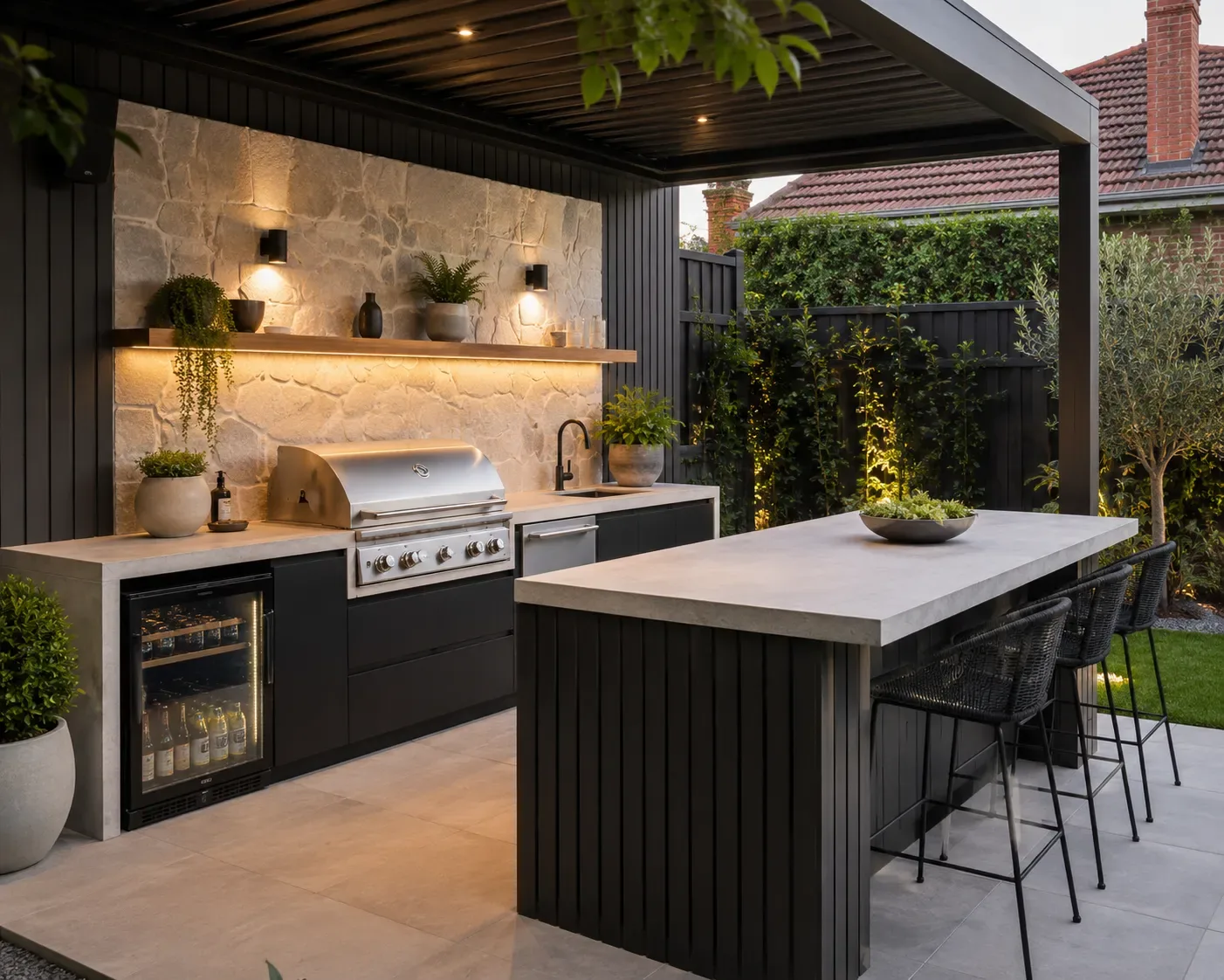 Outdoor kitchen under a slatted pergola roof with a brick garden wall and dense hedge screen
