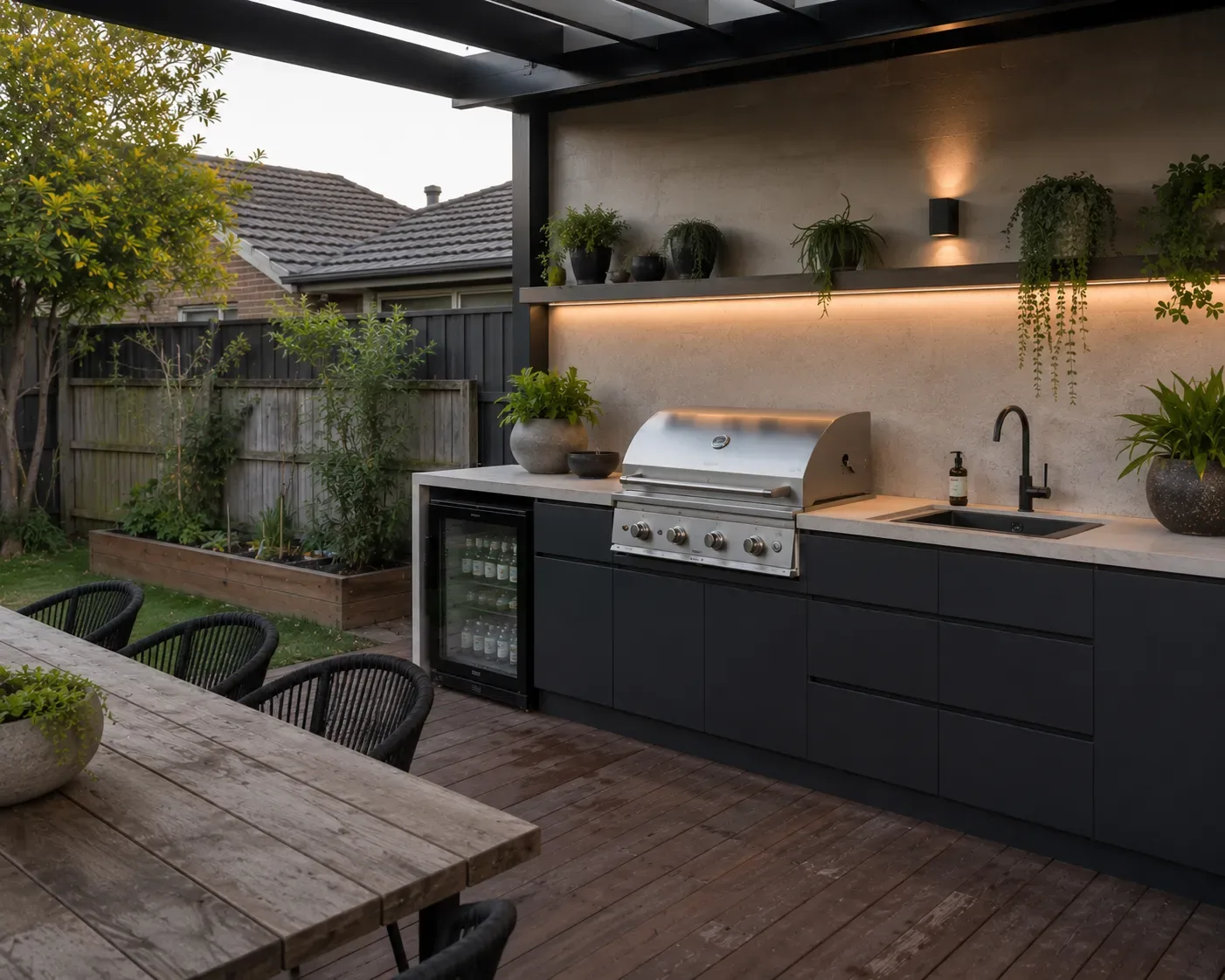 Outdoor kitchen under a black slatted pergola roof with BBQ, sink and timber cabinetry at dusk